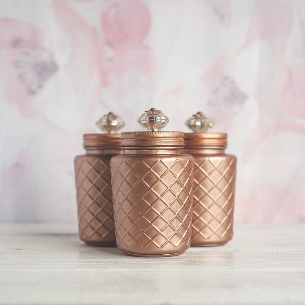 3 Rose Gold / Copper Decorative Glass Jars, Vanity or Bathroom Storage